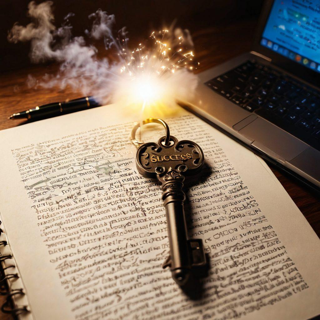 A mystical key surrounded by a swirling cloud of glowing words such as 'Success', 'Trends', and 'Resources', symbolizing the secrets of blogging. In the background, an open notebook with a fountain pen and a laptop, representing creativity and technology. Soft light illuminating the scene, creating an inviting atmosphere. vibrant colors. super-realistic.