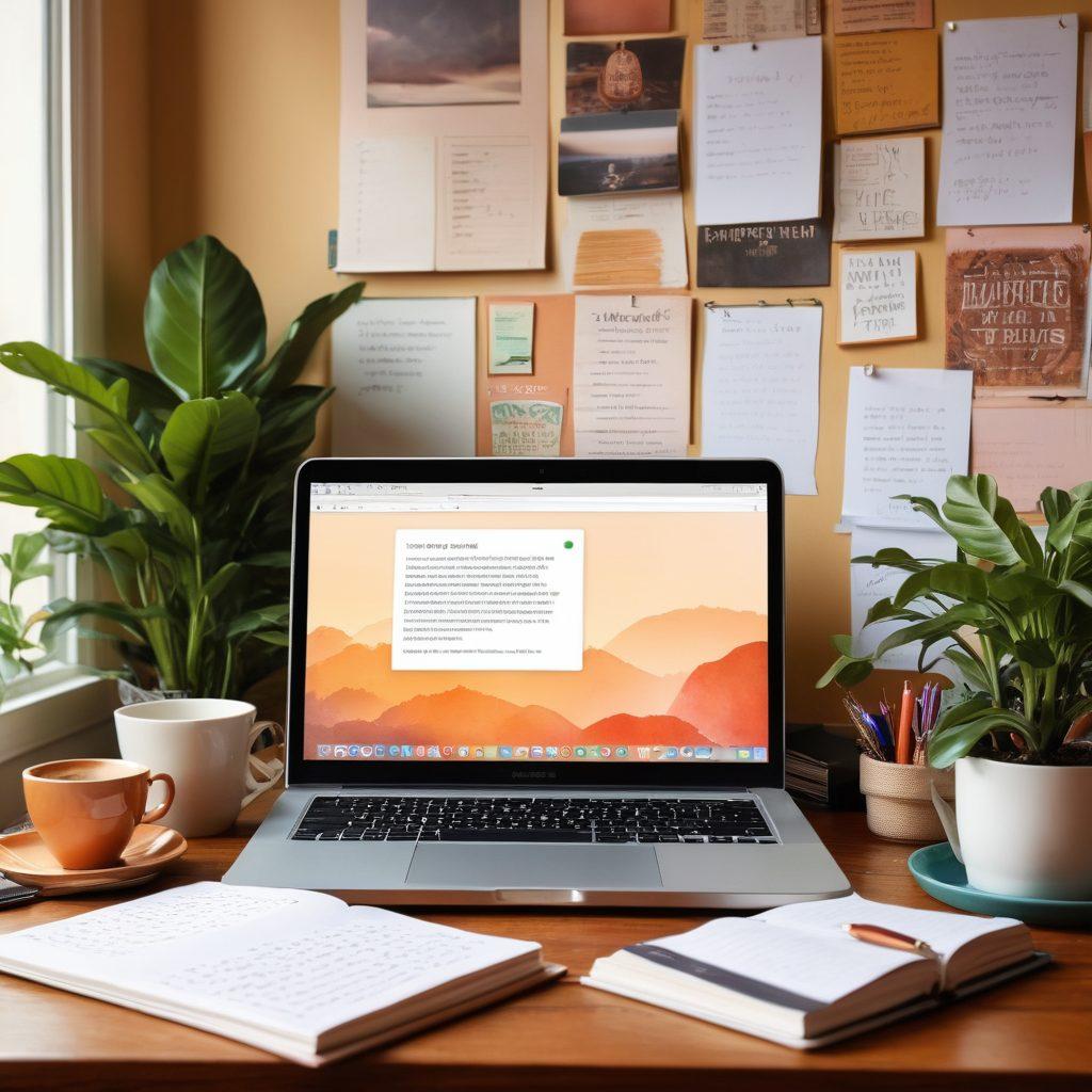 A creative workspace featuring an open laptop with a vibrant screen displaying a blog post, surrounded by colorful notebooks, scattered pens, and a steaming cup of coffee. In the background, motivational quotes hang on the wall, adorned with plants and soft lighting that creates an inviting atmosphere. The overall vibe should suggest inspiration and productivity, enticing readers to elevate their writing. painterly style. warm colors. cozy ambiance.