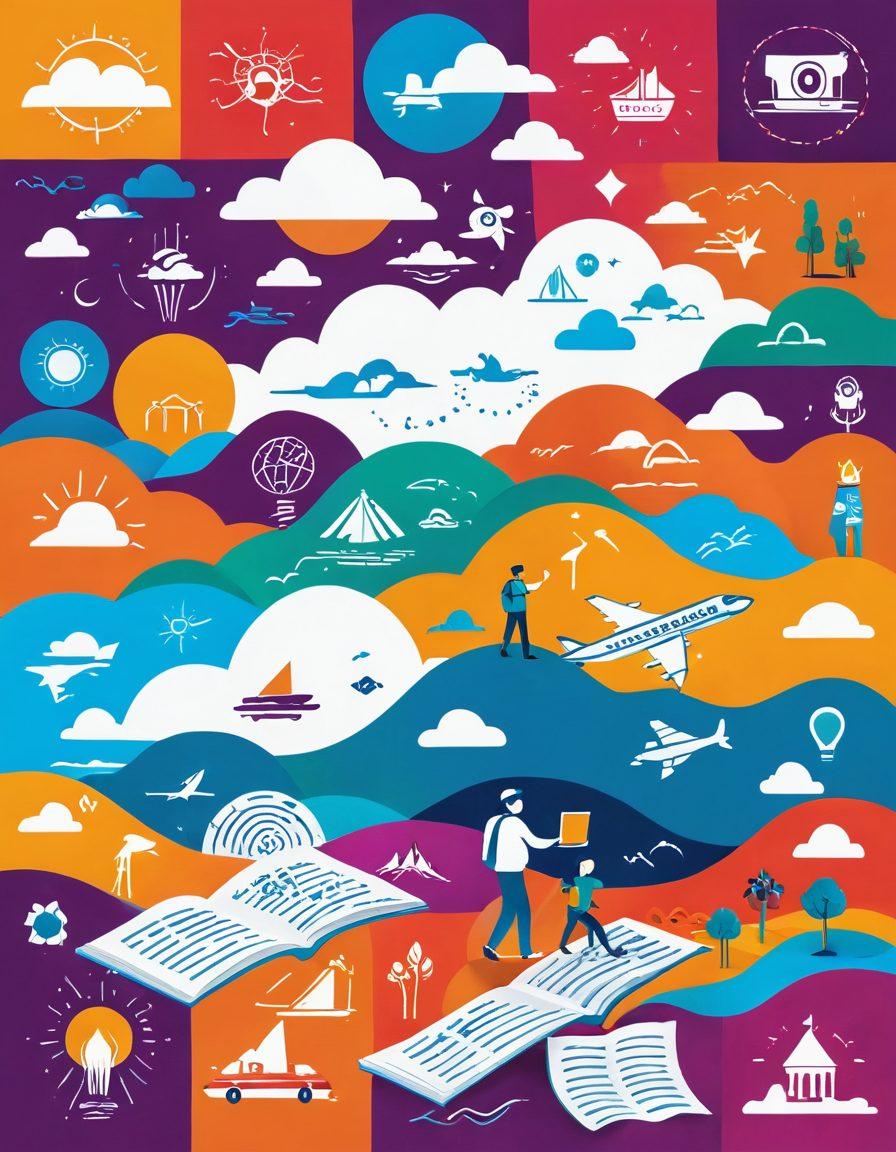 A vibrant, digital landscape showcasing various blog genres with colorful icons representing different niches like travel, food, technology, and lifestyle. Include a person navigating through this landscape, surrounded by floating pages filled with trending ideas and resources, symbolizing a journey through the blogosphere. Bright colors, dynamic composition, and a sense of exploration. vector art. vibrant colors. white background.